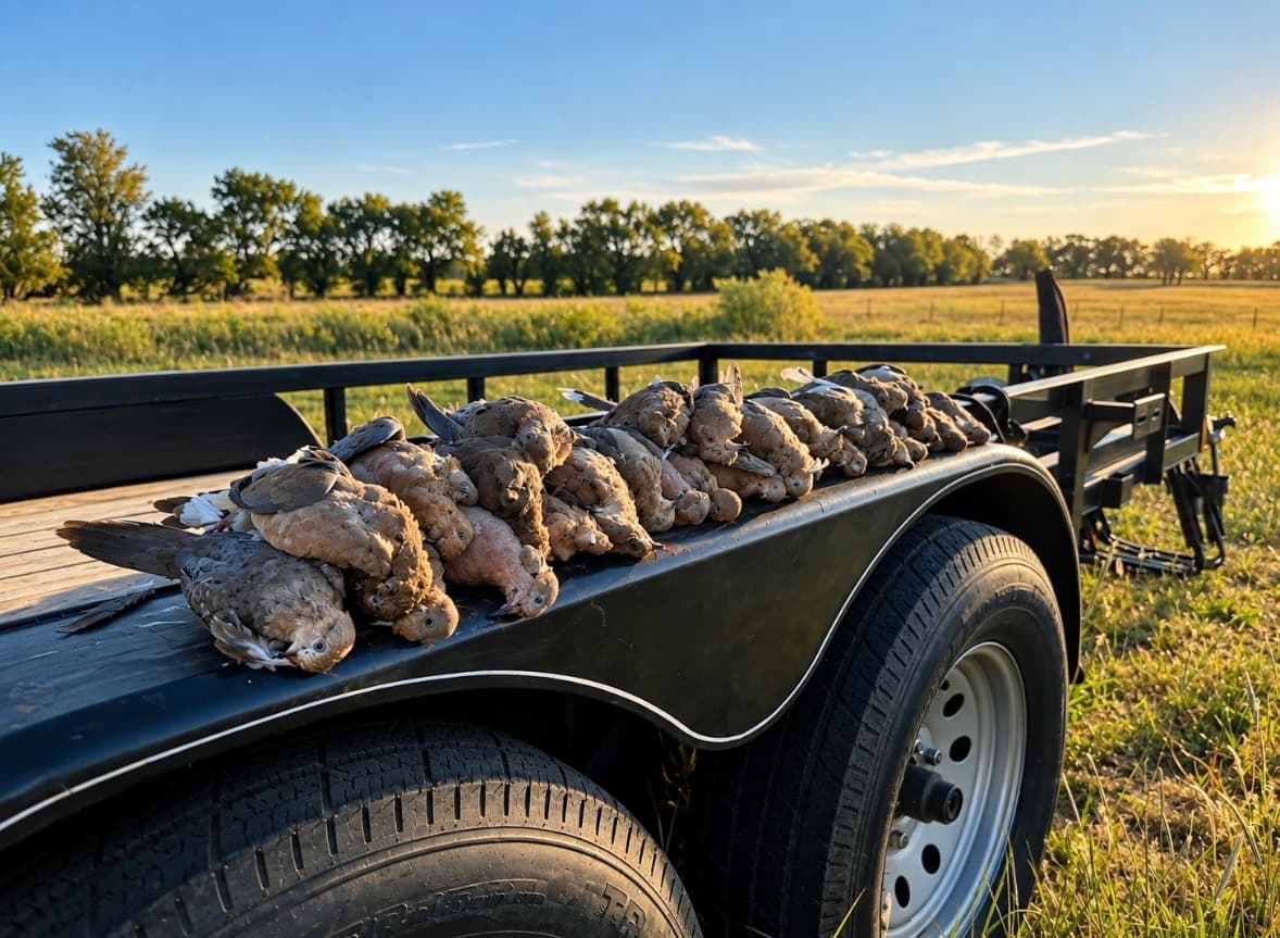 A day’s mourning doves laid out on a trailer fender at sunset over Kansas grass